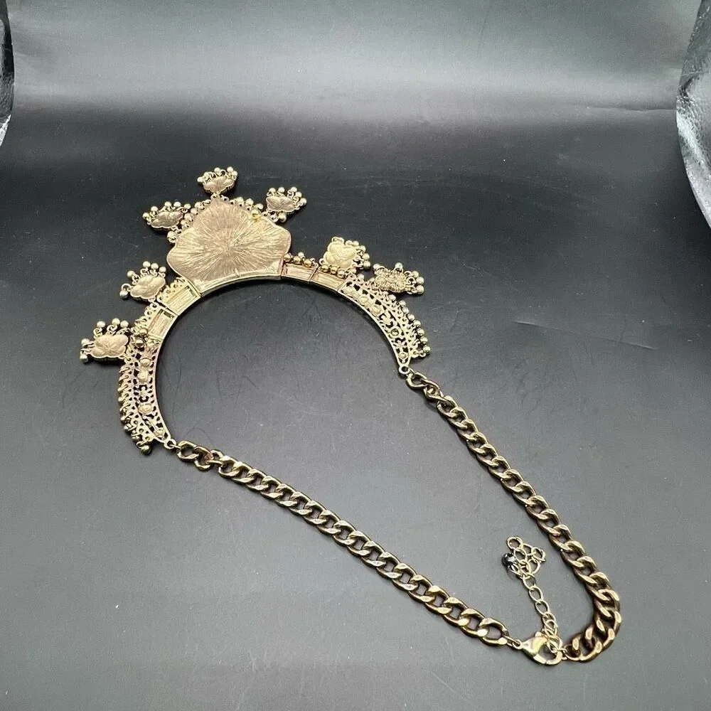 Middle Eastern Necklace Ornate Engravings Statement Collar Ethnic Gold Tone - Picture 8 of 9